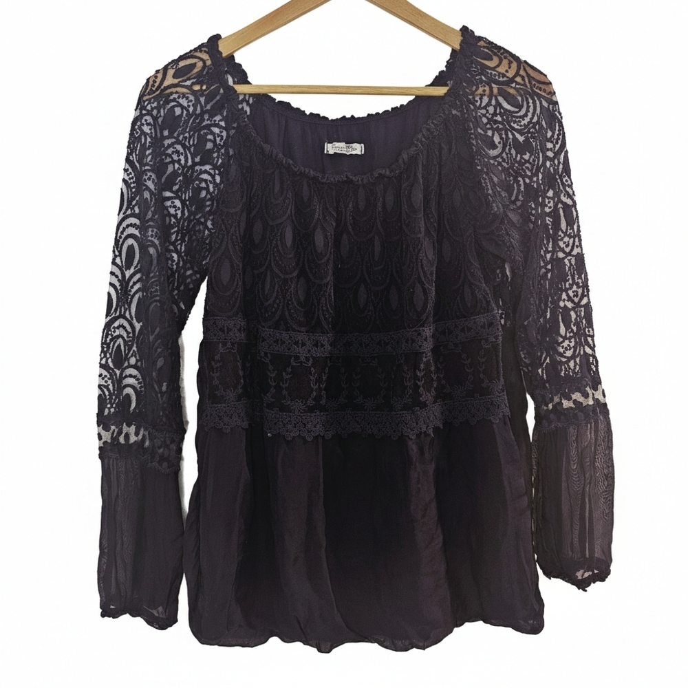 [Elena Baldi] Italian Silk & Lace Bohemian Scoop Neck Long Sleeve Top Womens Sm